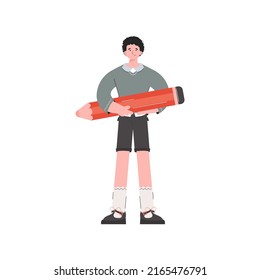 El tipo está parado en pleno crecimiento sosteniendo un lápiz grande. Aislado. Elemento para presentaciones, sitios. Ilustración del vector