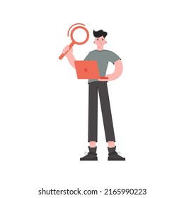 El tipo está parado en pleno crecimiento sosteniendo una lupa. Aislado. Elemento para presentaciones, sitios. Ilustración del vector