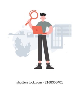 Der Typ steht in voller Wachstum und hält eine Lupe. Suche. Element für Präsentationen, Seiten. Vektorgrafik