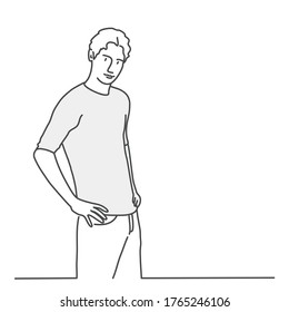 Guy is standing, hands in pockets. Line drawing vector illustration.
