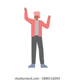 Hombre de pie, niño con las manos levantadas divirtiéndose, celebrando el éxito, libertad de elección concepto de dibujos animados Ilustración vectorial