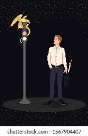 The guy is standing and looking at the dragon. Dragon at the traffic light. Vecton illustration