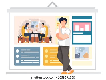 The guy is standing and looking thoughtfully at the billboard. Couple playing chess in apartment. Happy young characters spend time together. Male characters are thinking while playing at home