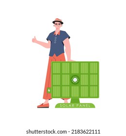 El tipo está parado cerca del panel solar. Concepto de energía ecológica. Aislado. Ilustración vectorial.
