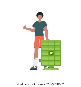 The guy is standing near the solar panel. Green energy concept. Isolated. Vector illustration.