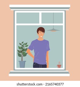 The guy is standing near the window. Smile and good mood. Vector, flat.