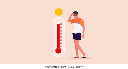 The guy is standing on the beach near the thermometer, he is very hot