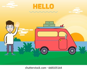 The guy is standing on the beach near his car. Pink car for travel. Red car. The man on the sea. Tourist. Travel agent. Office man with glasses on the sea.