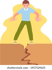 The guy is standing on the ground and is scared because of the earthquake vector illustration