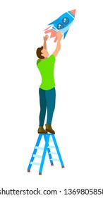 Guy Standing on Ladder Flat Vector Illustration. Young Programmer in Casual Clothes Cartoon Character. Startup, Business Development Idea, Career Growth. Astronautics Hobby, Rocket, Spaceship Launch