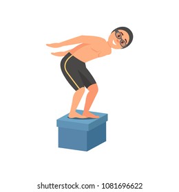 Guy standing on starting block at swimming pool and ready to jump. Young man in swimwear, googles and silicone cap. Flat vector design