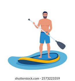 Guy standing on sup board on water. Happy man holding oar and swims on the sea. Summer water sport activities.