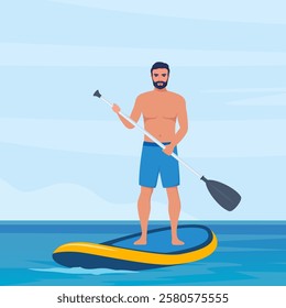 Guy standing on sup board on water. Happy man holding oar and swims on the sea. Summer water sport activities.