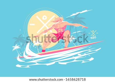 Guy standing on surfboard vector illustration. Young man surfing on ocean waves flat style design. Water activity and extreme sport concept. Sun and palm trees on background