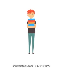 Guy standing with pile of books, people choosing books in bookstore vector Illustration on a white background