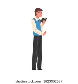Guy Standing and Reading Book, Male Student Character Studying or Preparing for Exam, Bookworm, Literature Fan Cartoon Style Vector Illustration