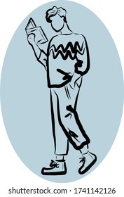 The guy is standing and reading a book. Vector isolated drawing on a white or color background. Reading. Education. Student. Literature.