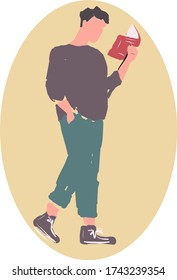 The guy is standing and reading a book. Vector isolated drawing on a white or color background. Reading. Education. Student. Literature.