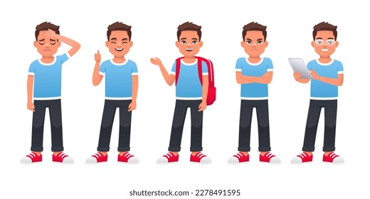 Guy is standing with a red backpack, with a tablet in his hand, wearing glasses, angry, a gesture of approval, in sadness. Little beautiful boy in full growth. Cute white baby stands in different pose