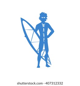 Guy Standing With Surfboard Blue Silhouette Stylized Design Vector Print On White Background