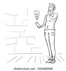 Hombre parado hablando por teléfono, dibujo de contorno aislado, para diseño de páginas web y diseño de aplicaciones móviles