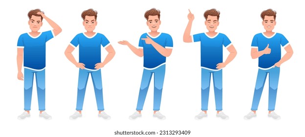 The guy is standing thinking about something, pointing at something, dissatisfied, showing a like. A young white boy in a blue T-shirt and blue jeans stands in different poses. A full-length man