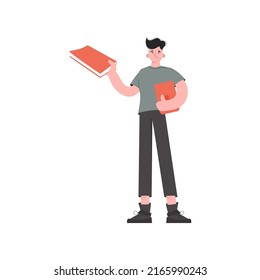 El tipo está en pleno crecimiento con un libro y una tableta. Aislado. Elemento para presentaciones, sitios. Ilustración del vector
