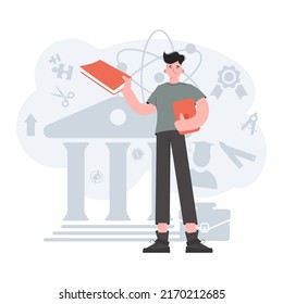 The guy stands in full growth with a book and a tablet. Online school. Element for presentations, sites. Vector illustration