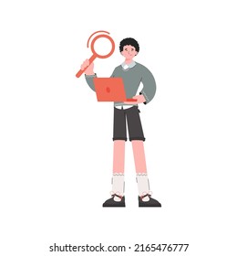 The guy stands in full growth holds a computer and a magnifying glass in his hands. Isolated. Element for presentations, sites. Vector illustration