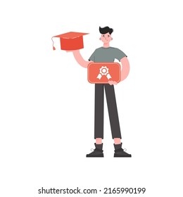 The guy stands in full growth and holds a graduation cap. Isolated. Element for presentations, sites. Vector illustration