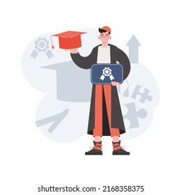 The guy stands in full growth and holds a diploma. Education. Element for presentations, sites. Vector illustration