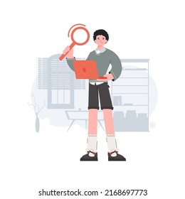El chico está de pie en pleno crecimiento con una computadora y una lupa en sus manos. Buscar. Elemento para presentaciones, sitios. Ilustración del vector