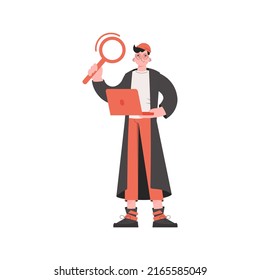 The guy stands in full growth keeps working at the computer. Isolated. Element for presentations, sites. Vector illustration