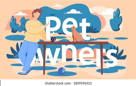 The guy stands and leans on the table. Owner of the cat resting on the street. Man is looking at the kitten. A fun time outing with a pet. Male character is playing with small domestic animal