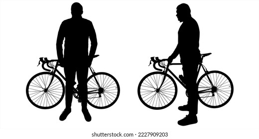 The guy stands motionless and holds the handlebars of a bicycle in his hands. A young man with a bicycle. Side view, profile, and front view, full face. Sport. Sportsman. Silhouettes isolated on white