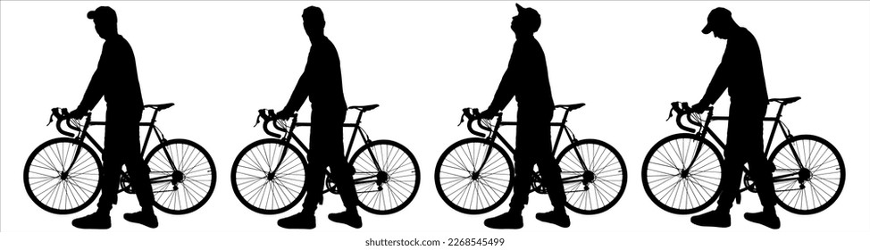 The guy stands motionless and holds the handlebars of a bicycle in his hands. The man with the bike looks around and turns his head. Side view. Four black male silhouettes isolated on white background