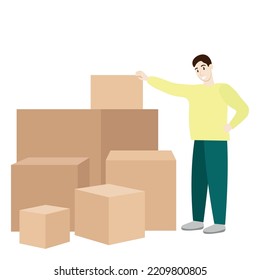 The guy stands near the many boxes, the supplier of goods, isolated on white, flat vector, cargo delivery