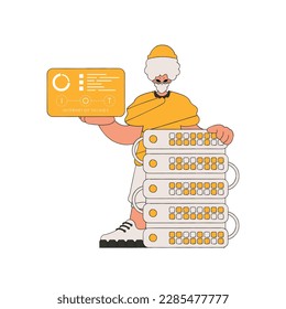 Guy steht in der Nähe des Servers, Logo des Internets der Dinge in der Hand.