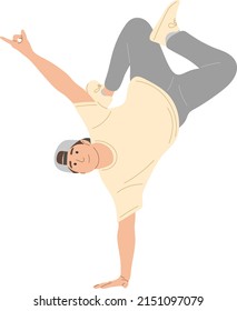 The guy stands on one hand during a break dance.