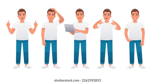 The guy stands radiating confidence, thoughtfully, with a laptop in his hands, points to something. A young caucasian male in a white t-shirt and blue jeans stands in various poses. Man in full growth