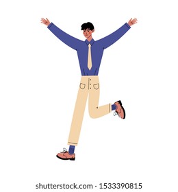 Guy stands raising his hands and leg up cartoon vector illustration