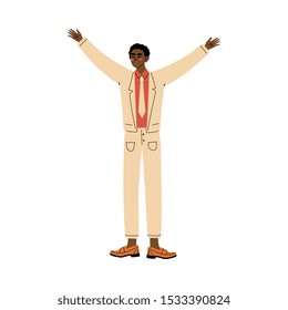 Guy stands raising his hands up cartoon vector illustration