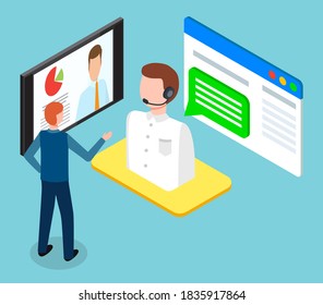 Guy stands and talks to cartoon call center employee in headphones. Screen with text messages. Smartphone screen pie chart and business man close-up. Isometric image of cartoon characters on blue