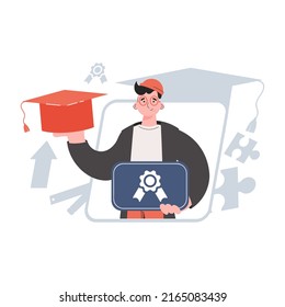 The guy stands waist-deep and holds a diploma. Education. Element for presentations, sites. Vector illustration