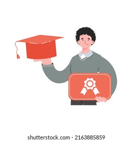 The guy stands waist-deep and holds a graduation cap and a diploma. Isolated. Element for presentations, sites. Vector illustration