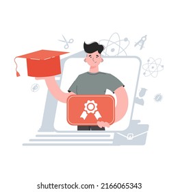 The guy stands waist-deep and holds a graduation cap. Education. Element for presentations, sites. Vector illustration