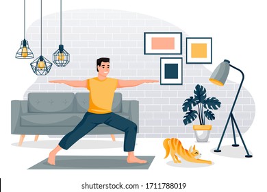 Guy stands in a warrior pose virabhadrasana. Home yoga exercise practice. Man and red cute cat training in modern loft room. Vector characters illustration. Healthy lifestyle and relaxing time at home - Shutterstock ID 1711788019