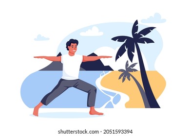 Guy stands in a warrior pose virabhadrasana on sea beach. Outdoor yoga exercise practice. Man training alone on nature. Vector cartoon character illustration. Healthy lifestyle relaxing time concept