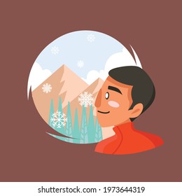 A guy staring at a mountain scene with snowflakes falling. Flat vector illustraion.