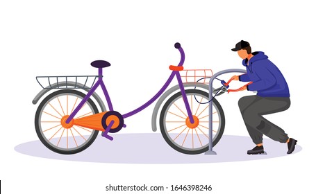 Guy stealing bicycle attached to bike rack flat color vector faceless character. Bike theft. Thief cutting cycle lock buy bolt cutter. Isolated cartoon illustration